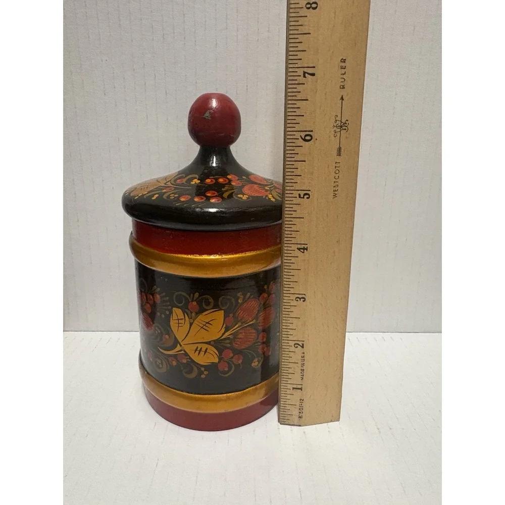 Vintage Russian Khokhloma‎ Jar  6.5 in tall Lidded Wood Lacquer plus 2 spoons